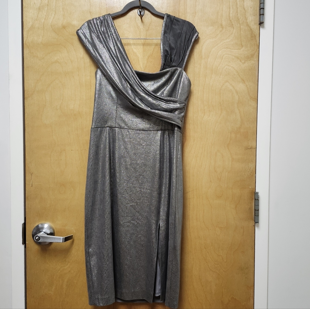Black Halo Evelina Dress Size 12 $475 Gray Shimmer Metalic Convertible NWT